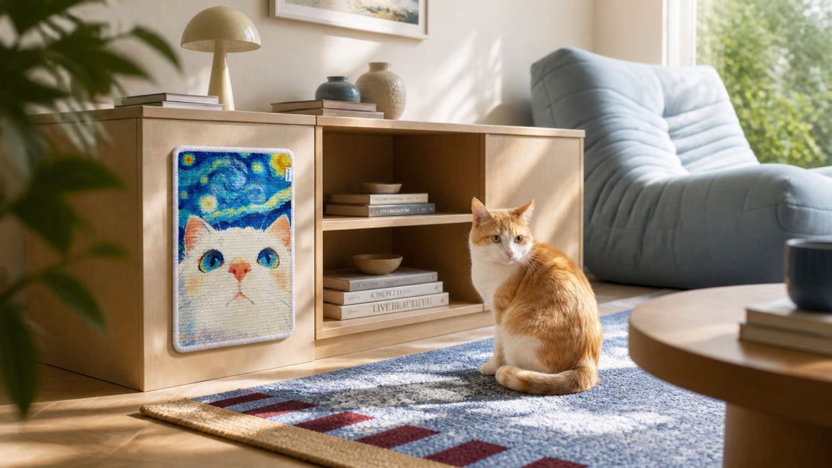 A kitchen with the Starry Cat scratching pad on a blue island